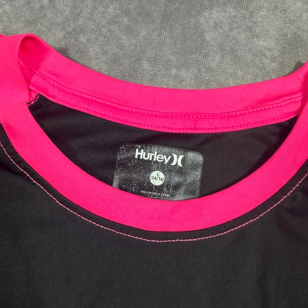 Hurley Girls Rash Guard Long Sleeve UPF 50 Swim Shirt Pink Black Heart L 14/16